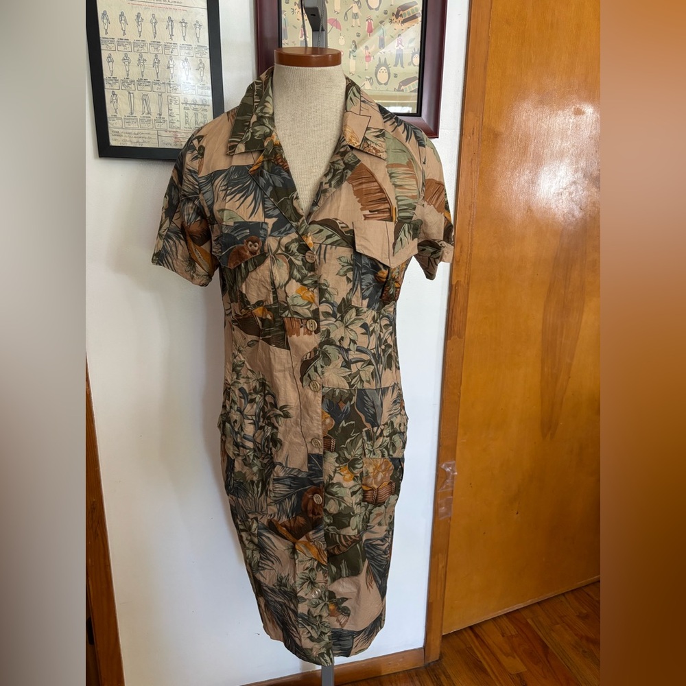 VINTAGE: 100% COTTON Monkey Jungle Palm Safari Shirtdress SZ.S (KHAKI)